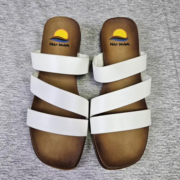 Maui Island Kona Sandals Womens White Strappy Wedge Vacation Beach Square Toe 7 - Picture 2 of 12